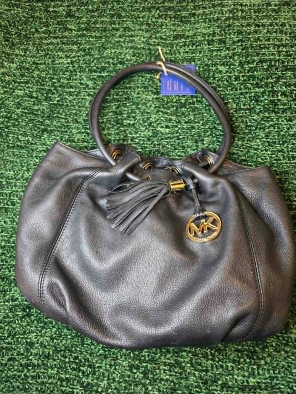 Michael Kors Black Leather Drawstring Satchel with MK Charm & Tassel